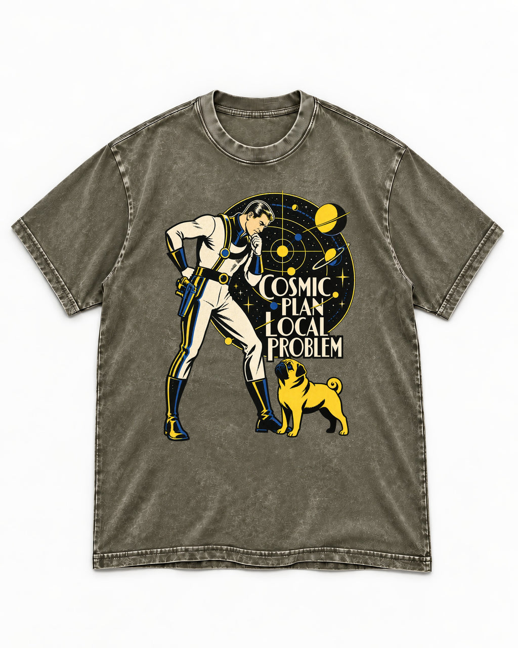 Pug Cosmic Plan Local Problem Astronaut Graphic Washed Tee in Army Green, flat lay product photo