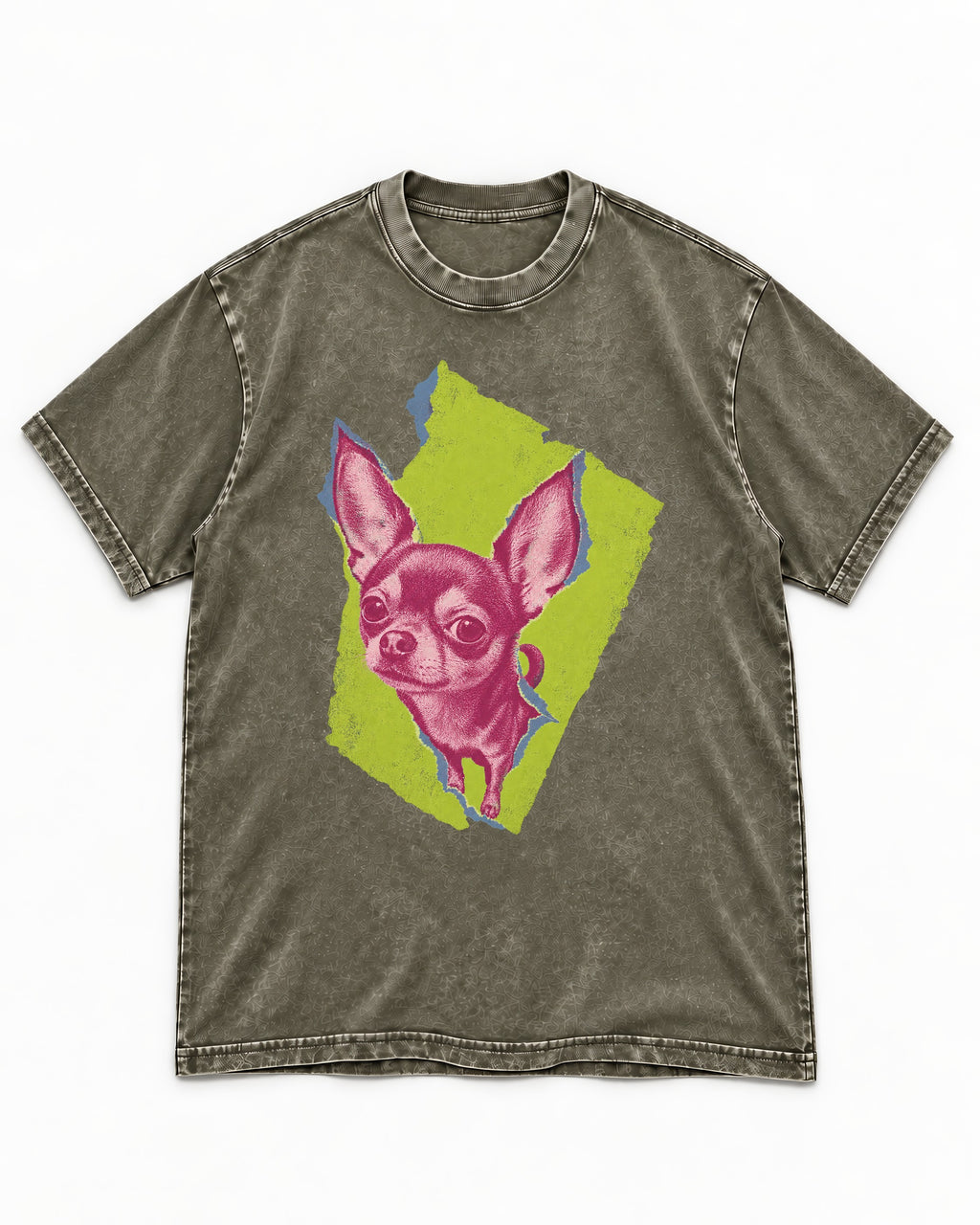 Torn-Paper Chihuahua Portrait Washed Tee in Army Green, flat lay product photo