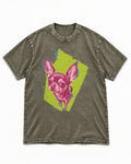 Torn-Paper Chihuahua Portrait Washed Tee in Army Green, flat lay product photo
