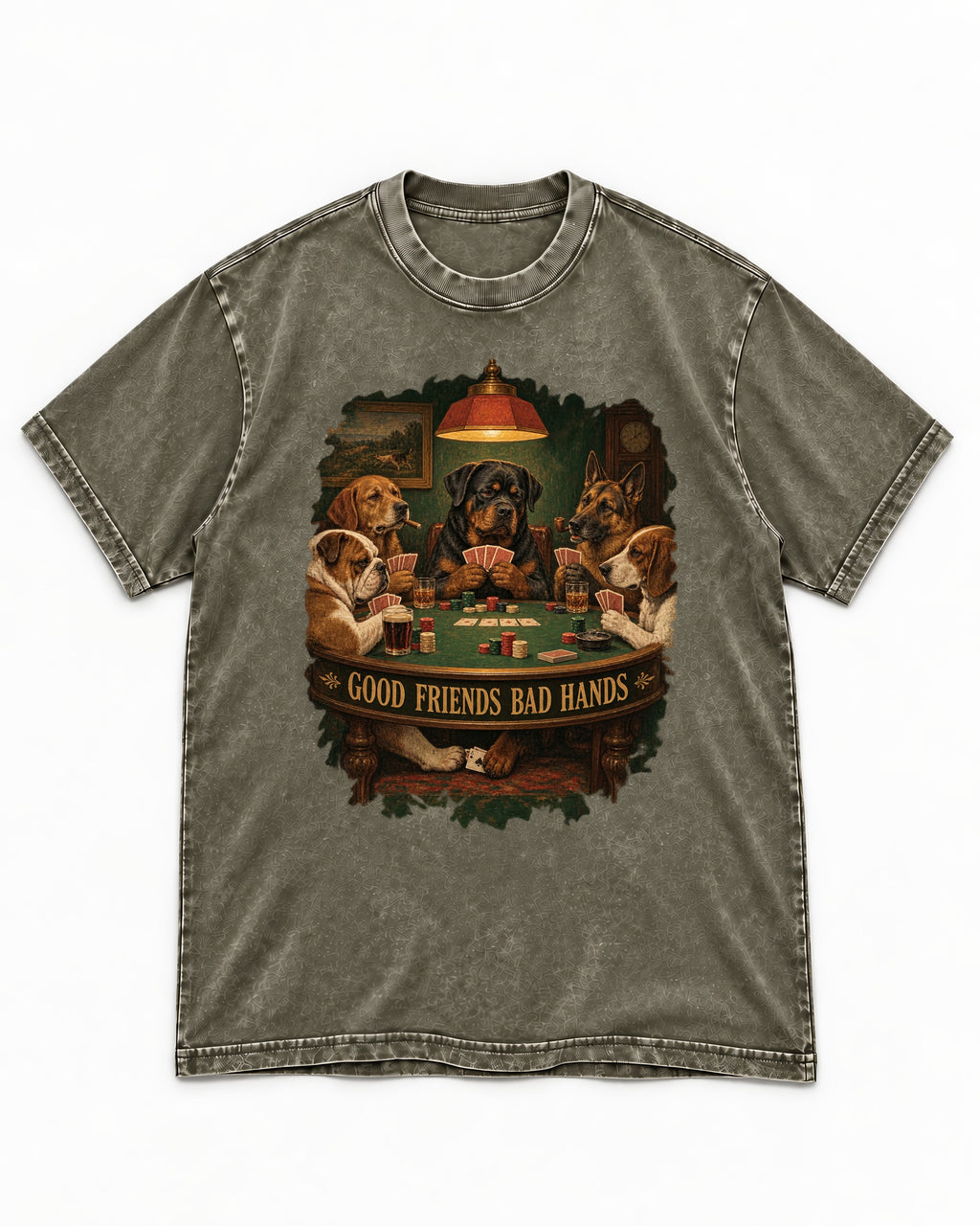 Rottweiler Good Friends Bad Hands Poker Night Graphic Washed Tee in Army Green, flat lay product photo