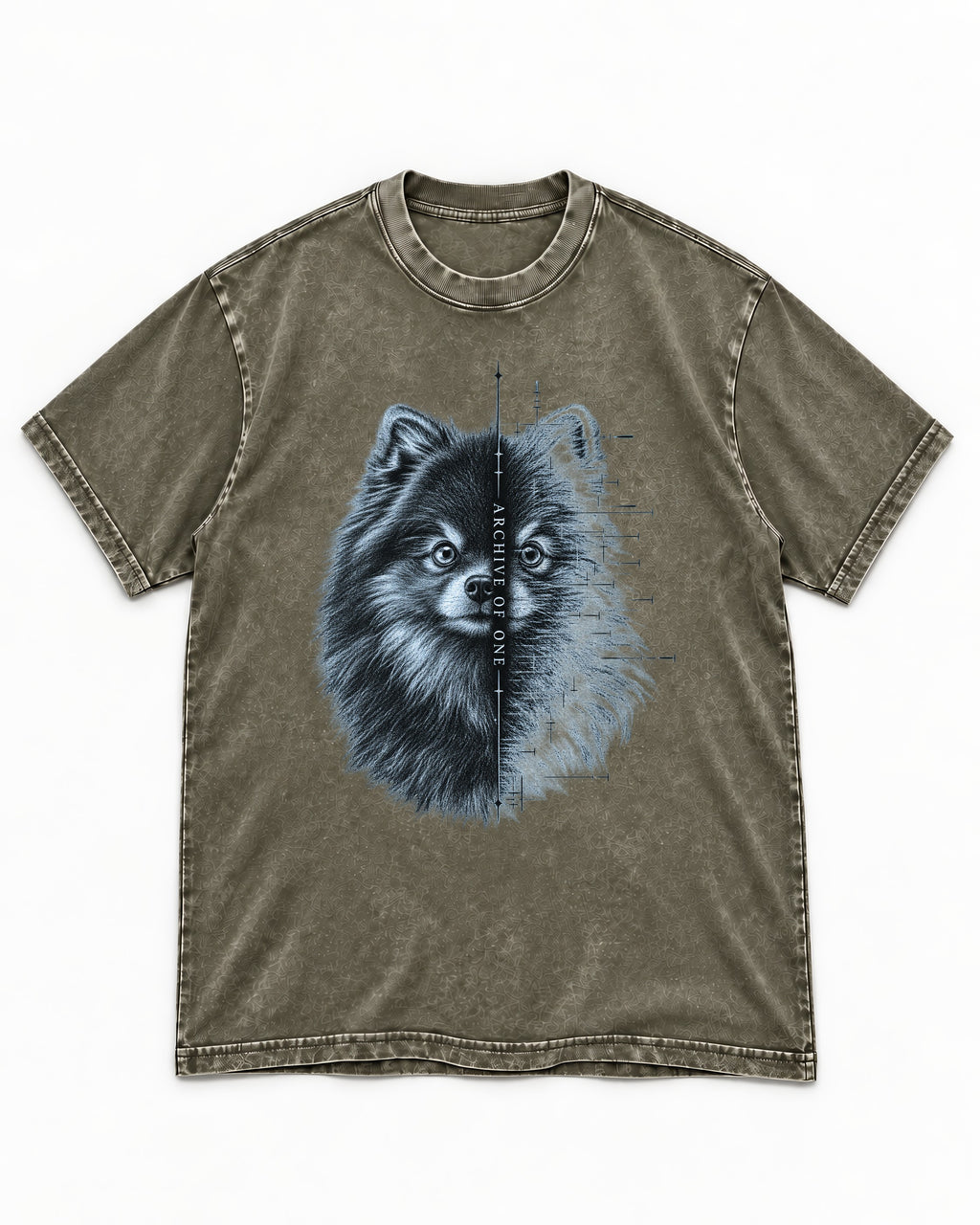 Pomeranian Archive of One Split Portrait Graphic Washed Tee in Army Green, flat lay product photo