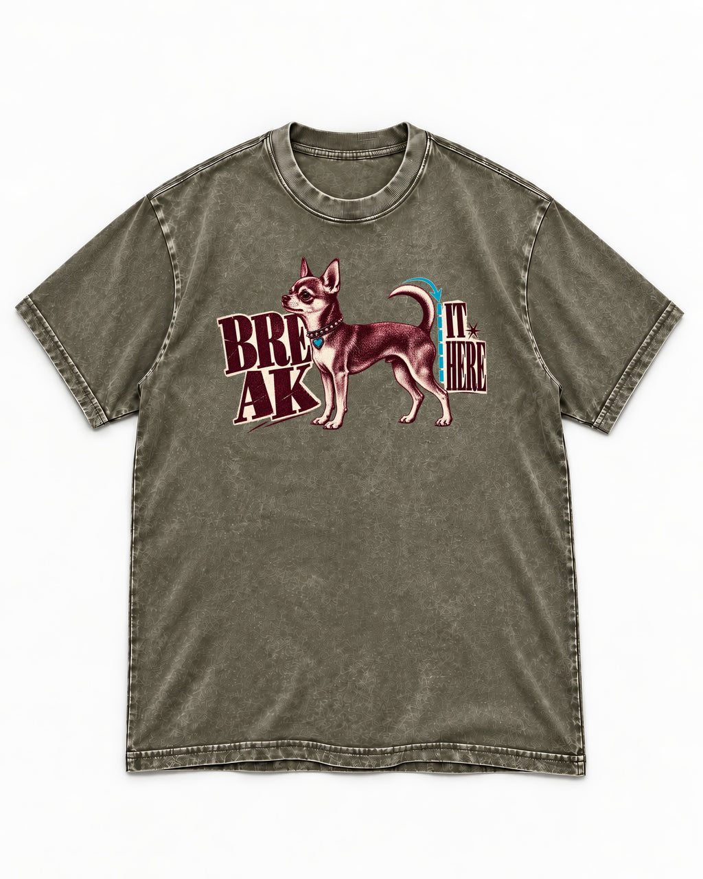 Chihuahua Break It Here Perforation Graphic Washed Tee in Army Green, flat lay product photo