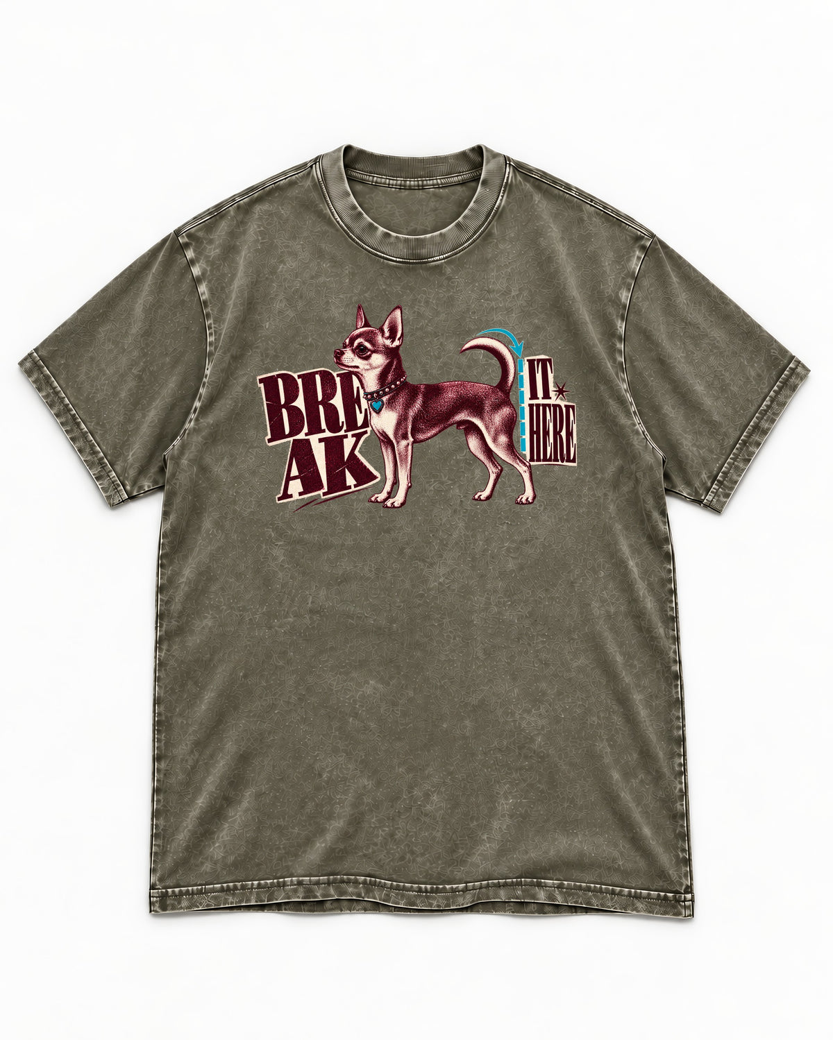 Chihuahua Break It Here Perforation Graphic Washed Tee in Army Green, flat lay product photo