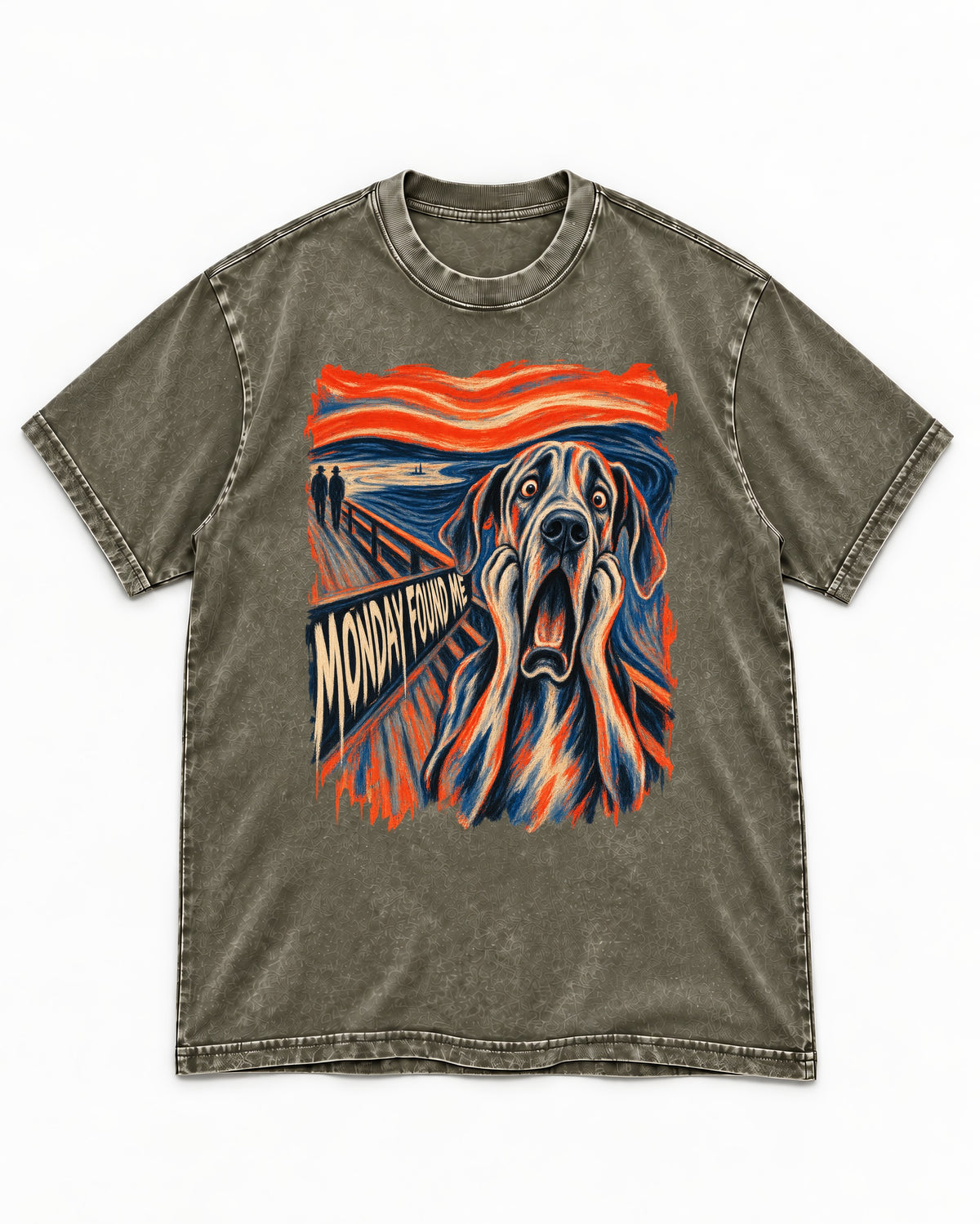 Great Dane Monday Found Me Scream Parody Graphic Washed Tee in Army Green, flat lay product photo