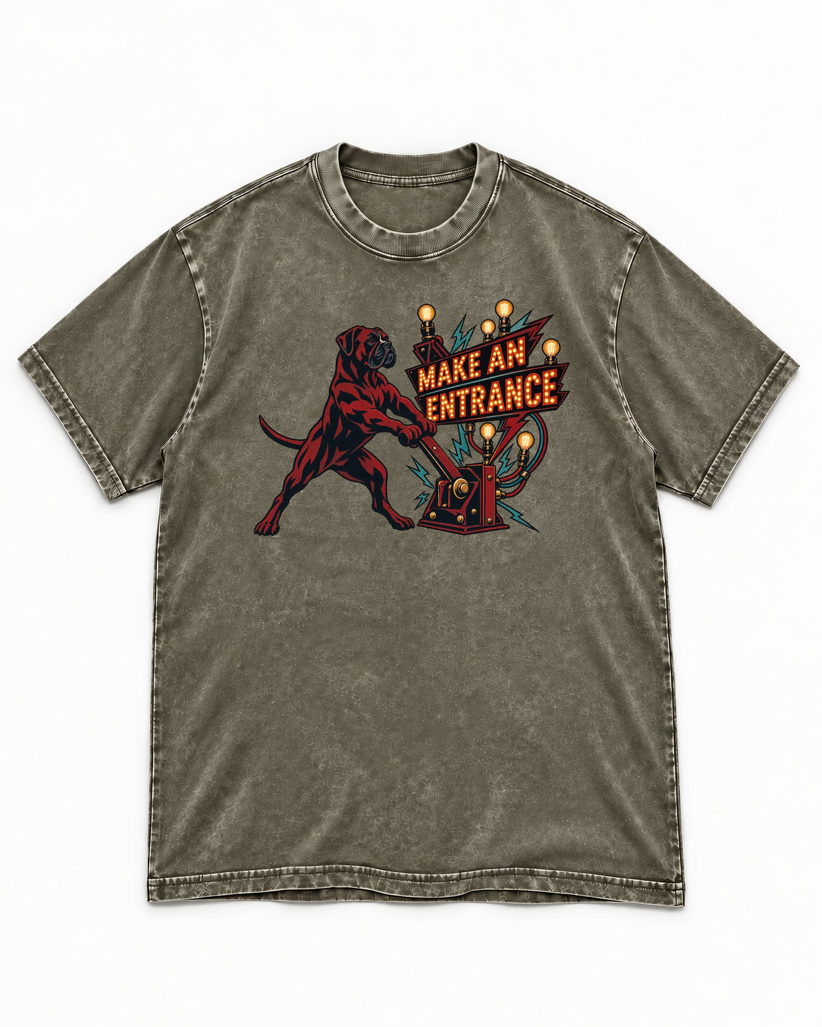 Boxer Make an Entrance Washed Tee in Army Green, flat lay product photo