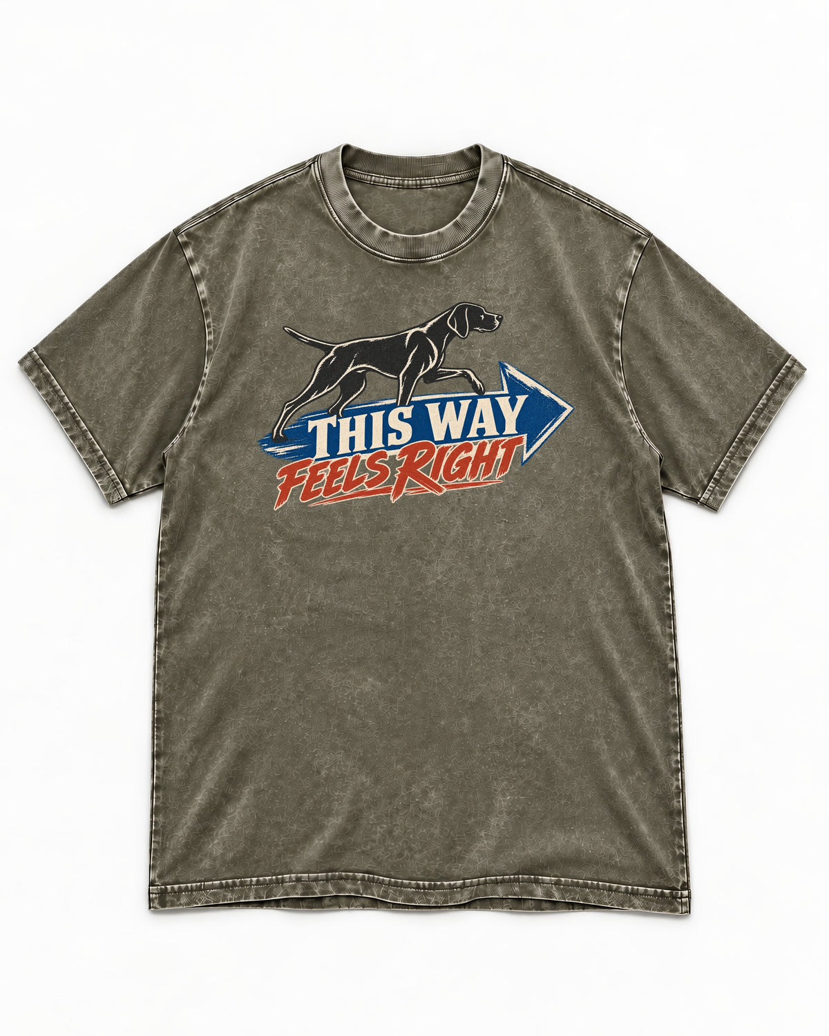 This Way Feels Right Arrow German Shorthaired Pointer Graphic Washed Tee in Army Green, flat lay product photo