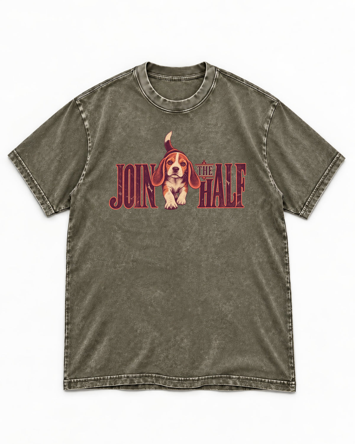 Beagle Join The Half Washed Tee in Army Green, flat lay product photo