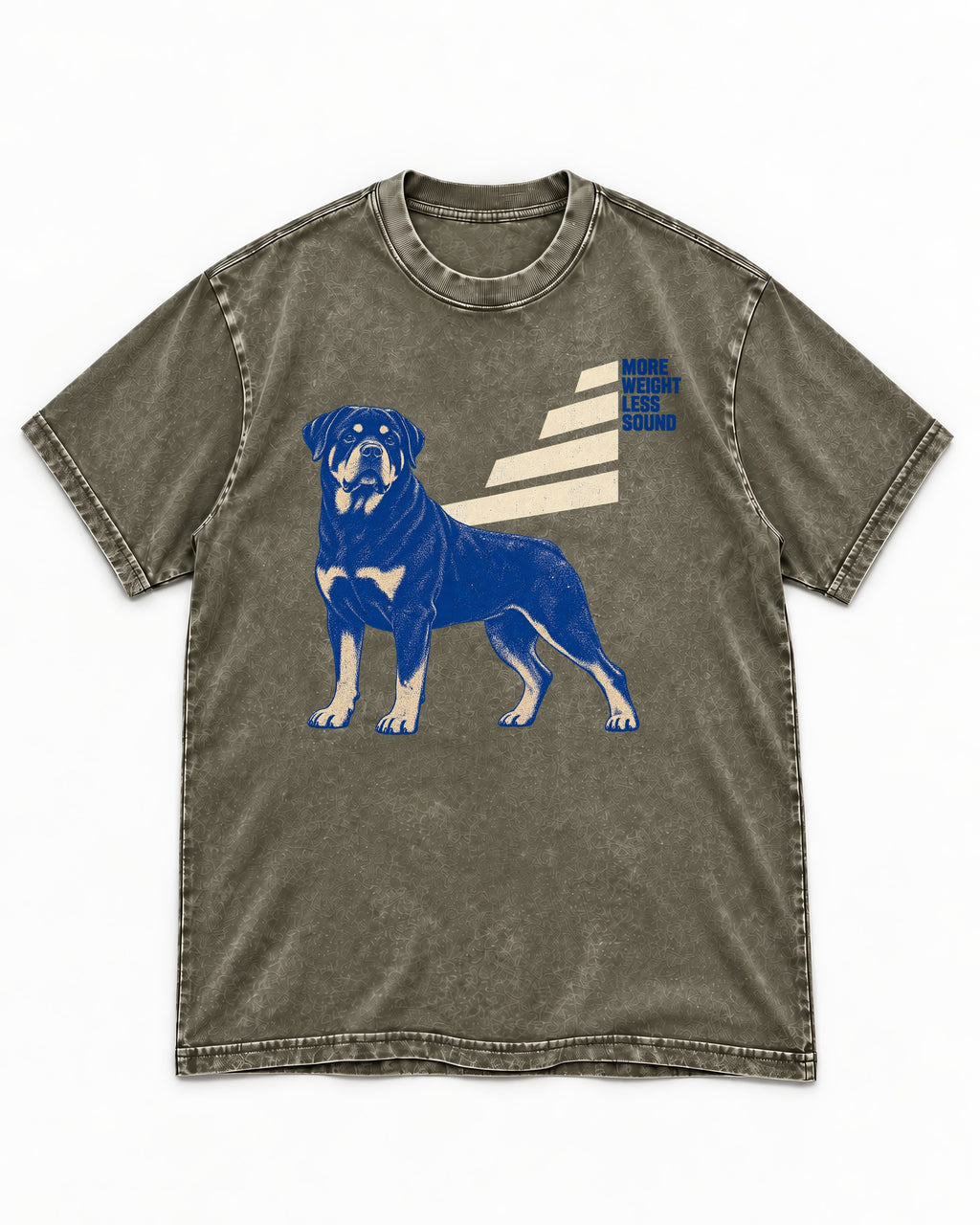 Rottweiler More Weight Less Sound Stair Step Graphic Washed Tee in Army Green, flat lay product photo