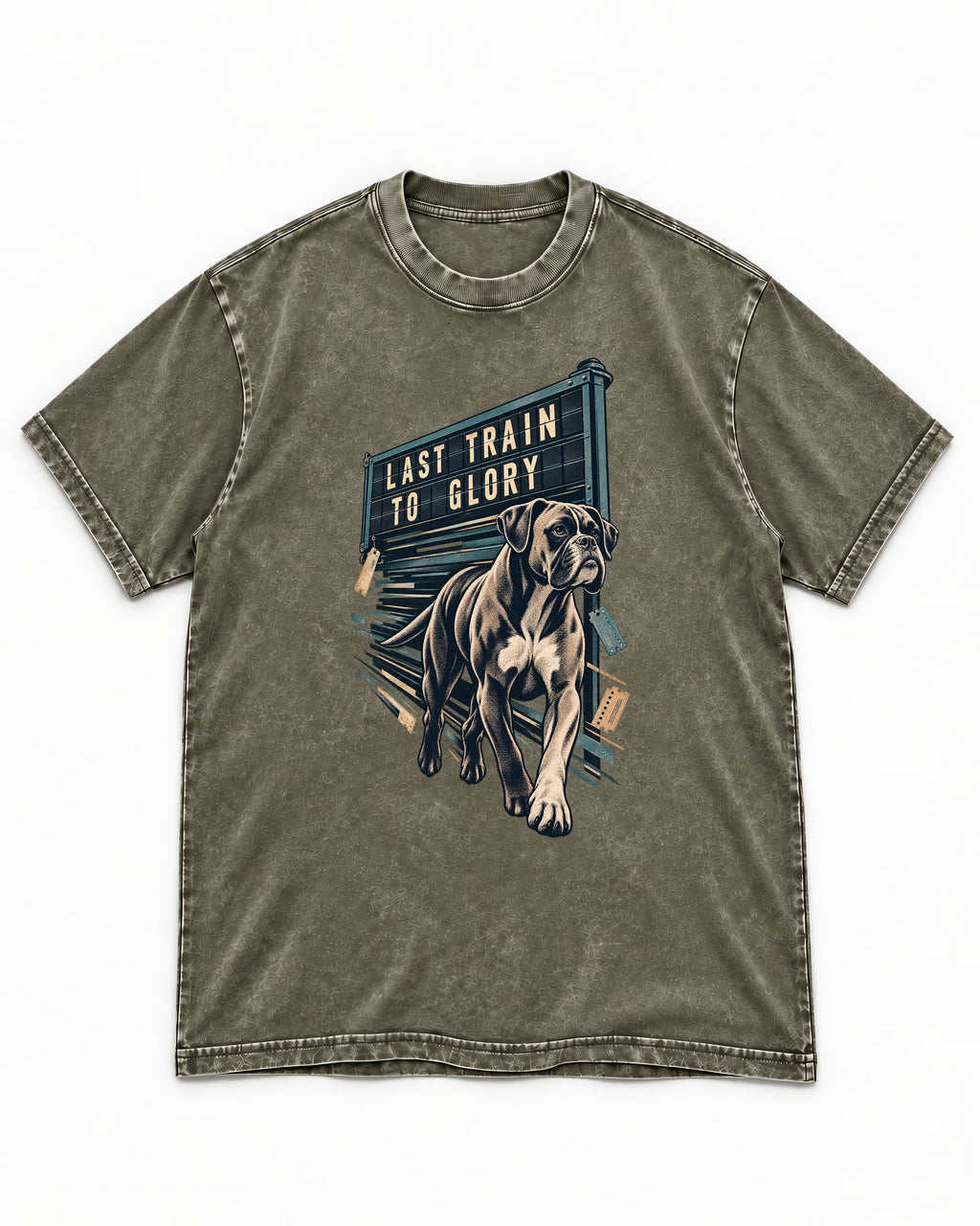 Last Train to Glory Boxer Washed Tee in Army Green, flat lay product photo