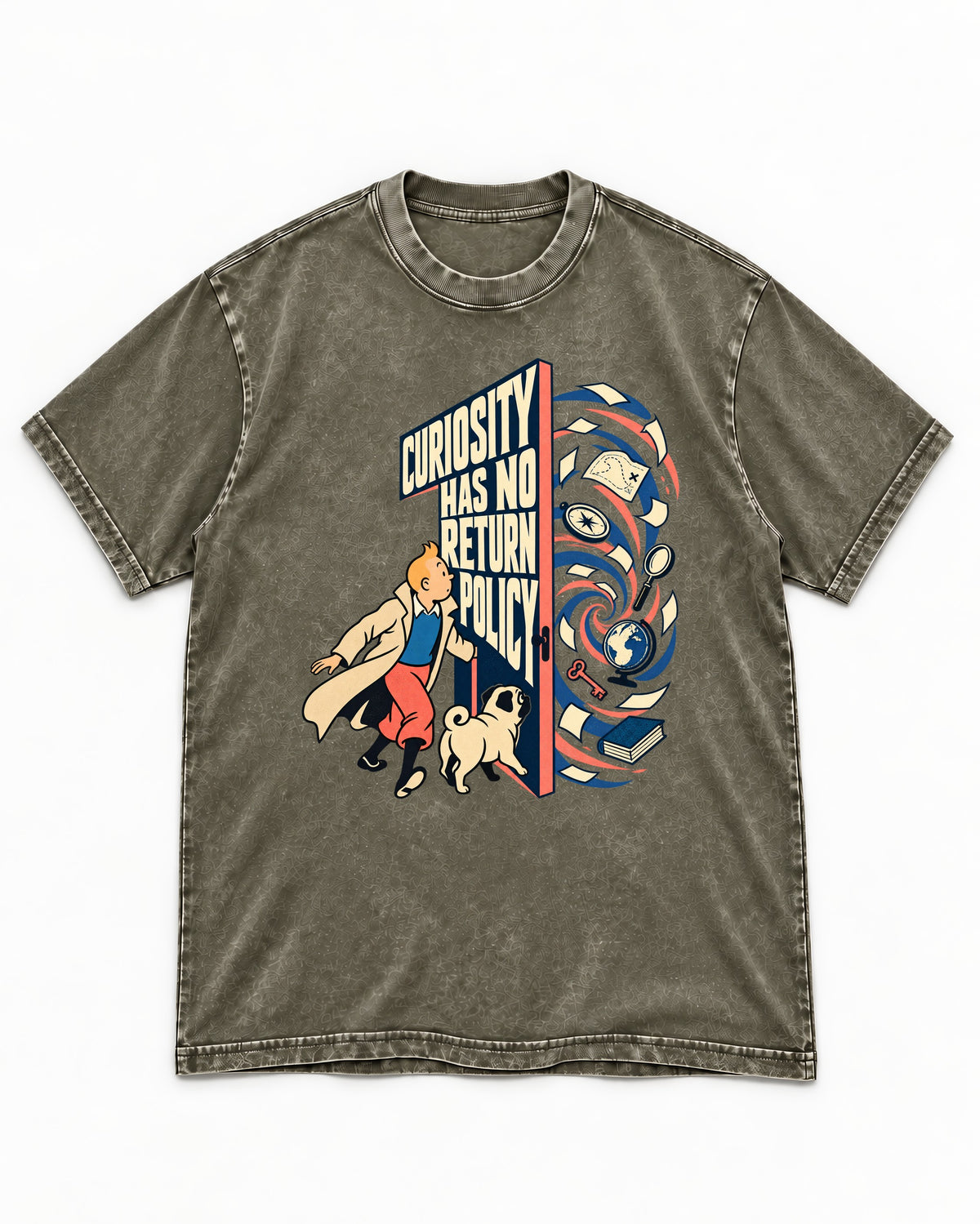 Pug Curiosity Has No Return Policy Portal Graphic Washed Tee in Army Green, flat lay product photo