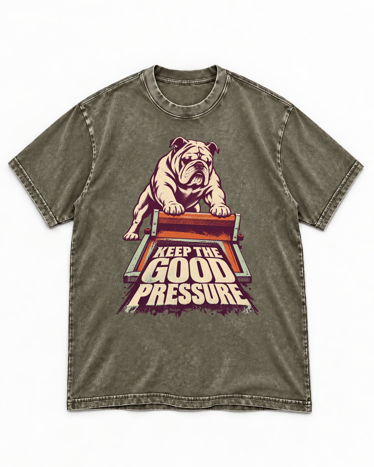 English Bulldog Keep the Good Pressure Printing Press Graphic Washed Tee in Army Green, flat lay product photo