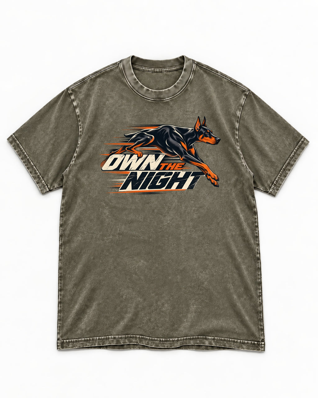 Doberman Own the Night Speed Graphic Washed Tee in Army Green, flat lay product photo