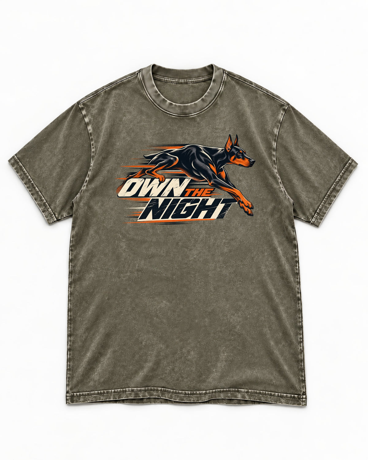 Doberman Own the Night Speed Graphic Washed Tee in Army Green, flat lay product photo