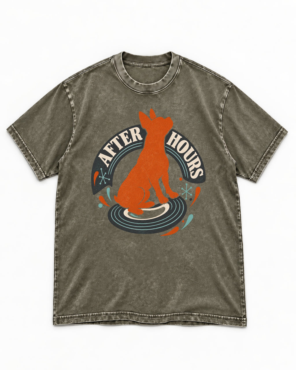 After Hours Boston Terrier Record Graphic Washed Tee in Army Green, flat lay product photo