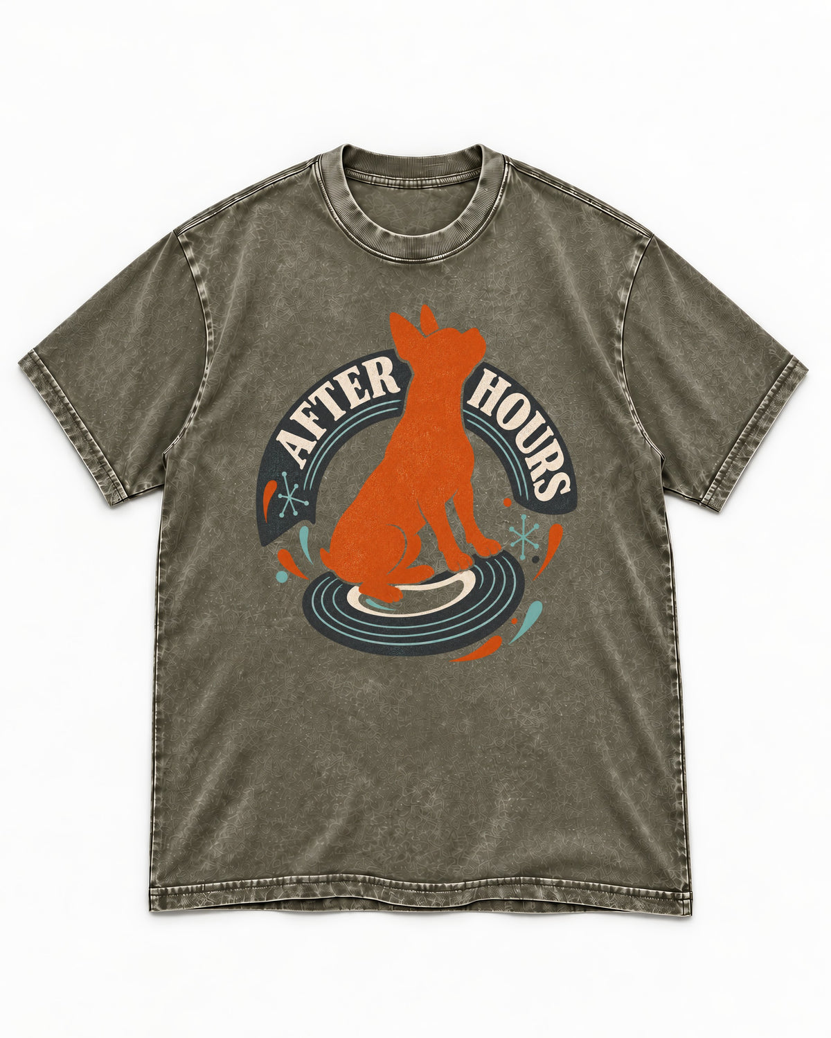 After Hours Boston Terrier Record Graphic Washed Tee in Army Green, flat lay product photo
