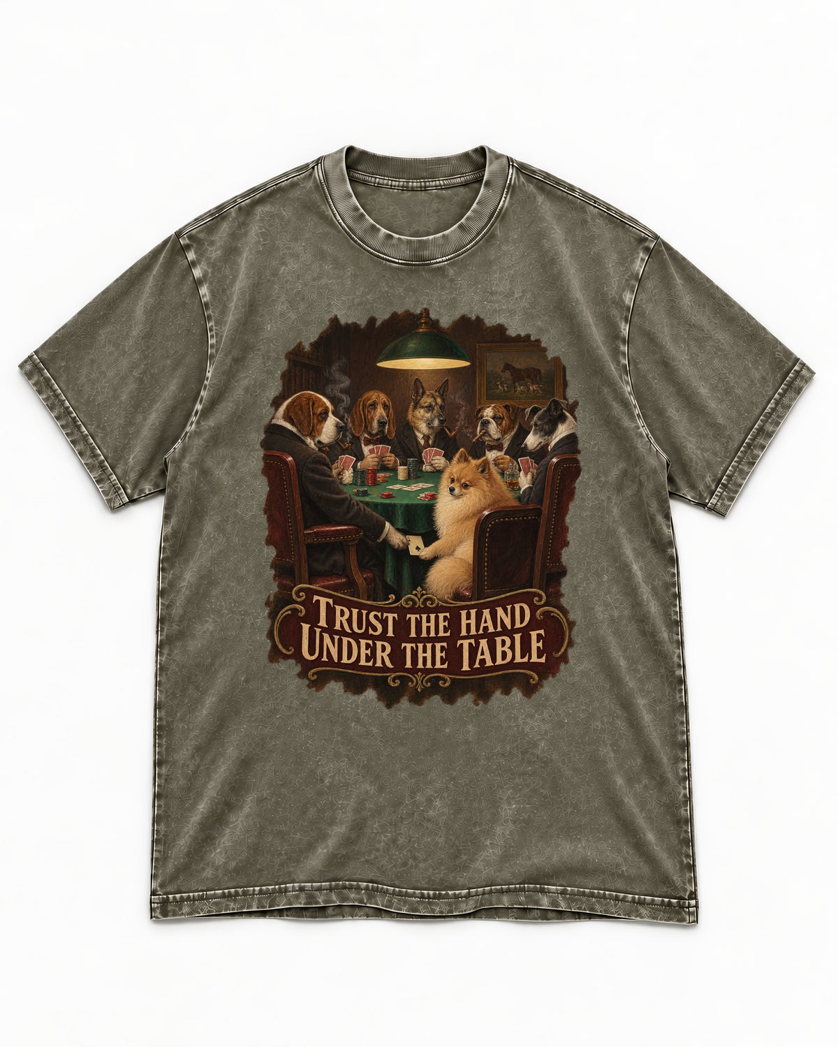 Pomeranian Trust the Hand Under the Table Poker Dogs Graphic Washed Tee in Army Green, flat lay product photo