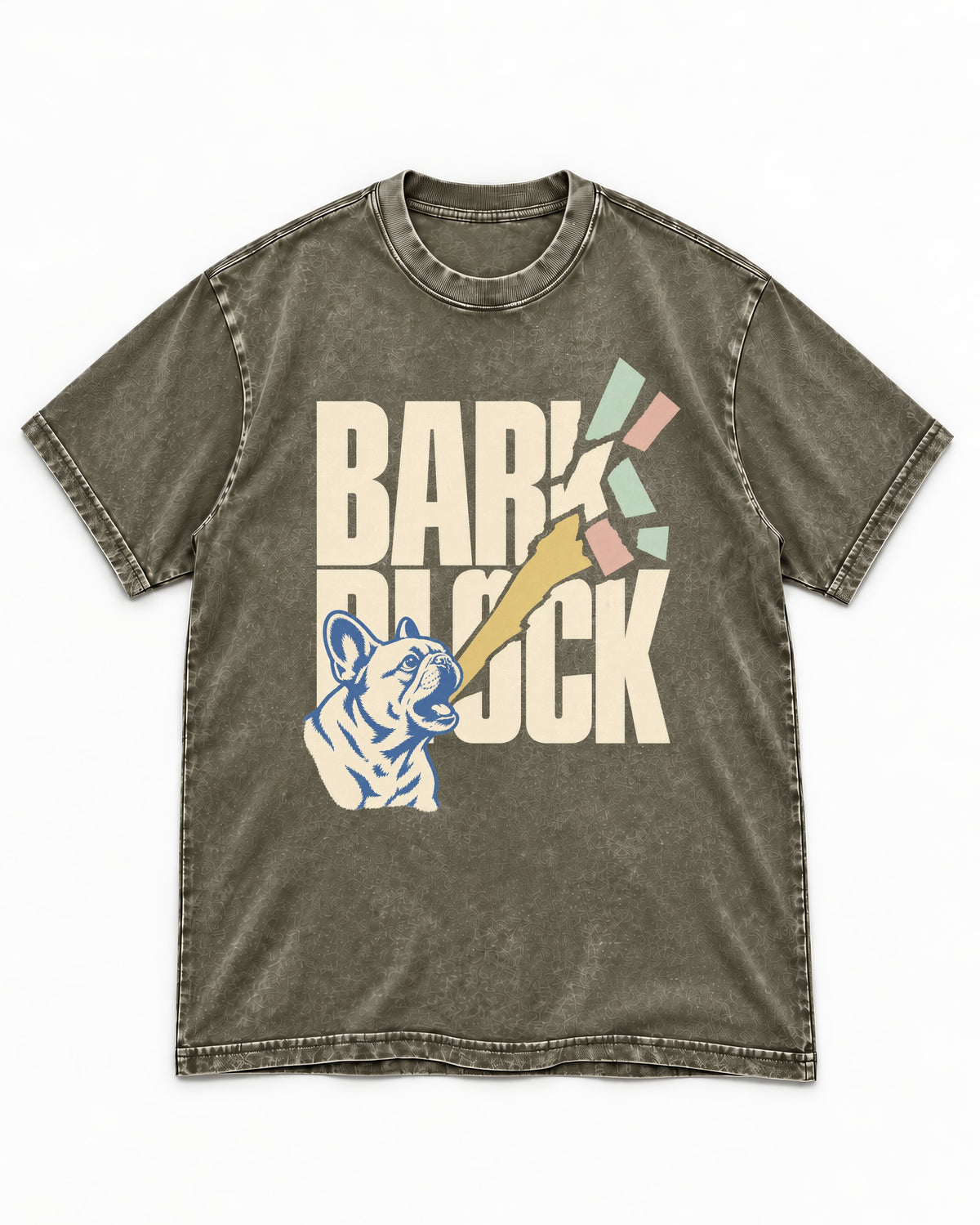 Frenchie Bark Breaks Bark Block Graphic Washed Tee in Army Green, flat lay product photo