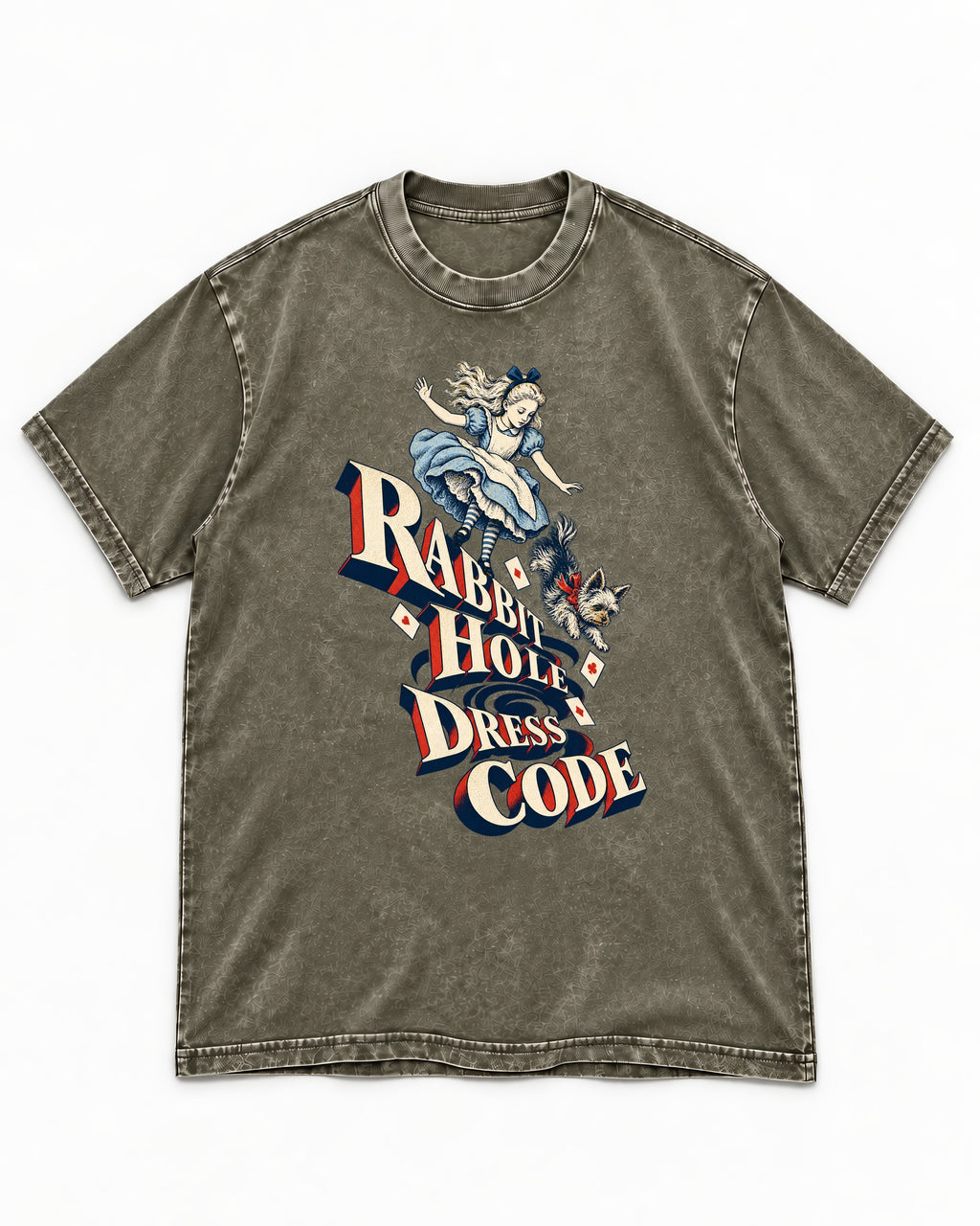 Yorkshire Terrier Rabbit Hole Dress Code Wonderland Graphic Washed Tee in Army Green, flat lay product photo