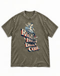 Yorkshire Terrier Rabbit Hole Dress Code Wonderland Graphic Washed Tee in Army Green, flat lay product photo