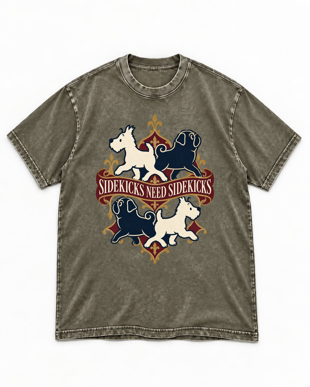Pug Sidekicks Need Sidekicks Heraldic Graphic Washed Tee in Army Green, flat lay product photo