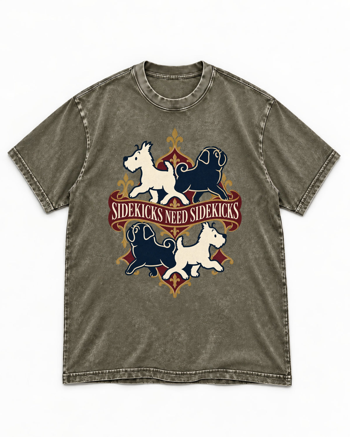 Pug Sidekicks Need Sidekicks Heraldic Graphic Washed Tee in Army Green, flat lay product photo