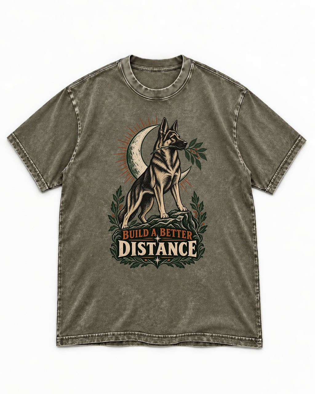 Build A Better Distance Moon Woodcut German Shepherd Dog Graphic Washed Tee in Army Green, flat lay product photo