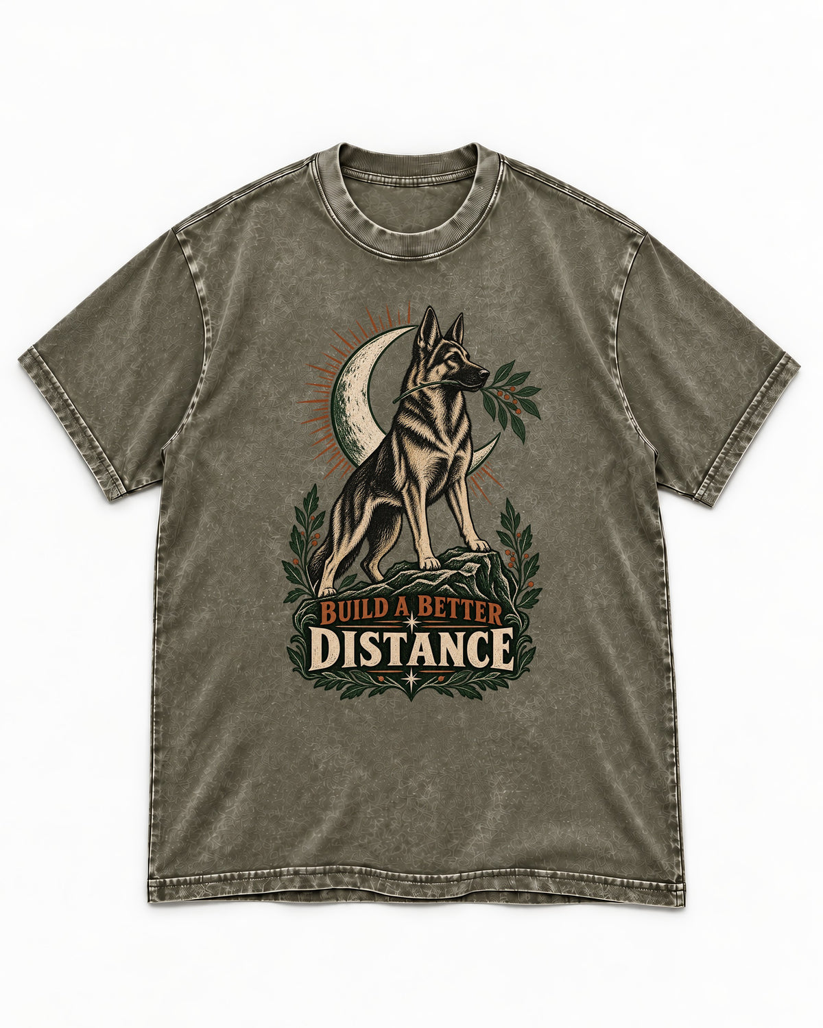 Build A Better Distance Moon Woodcut German Shepherd Dog Graphic Washed Tee in Army Green, flat lay product photo