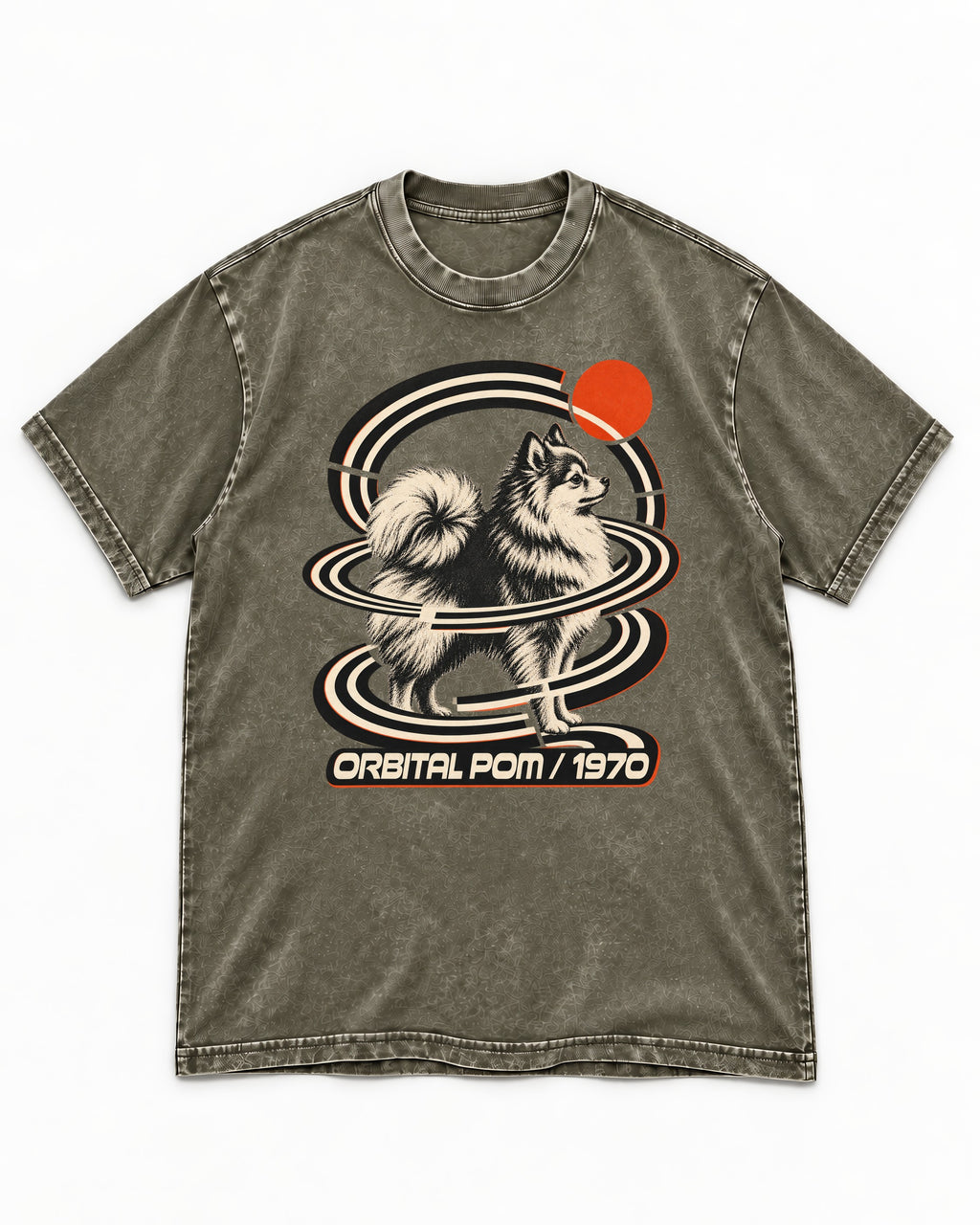 Pomeranian Orbital Pom 1970 Space Age Graphic Washed Tee in Army Green, flat lay product photo