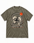 Pomeranian Orbital Pom 1970 Space Age Graphic Washed Tee in Army Green, flat lay product photo