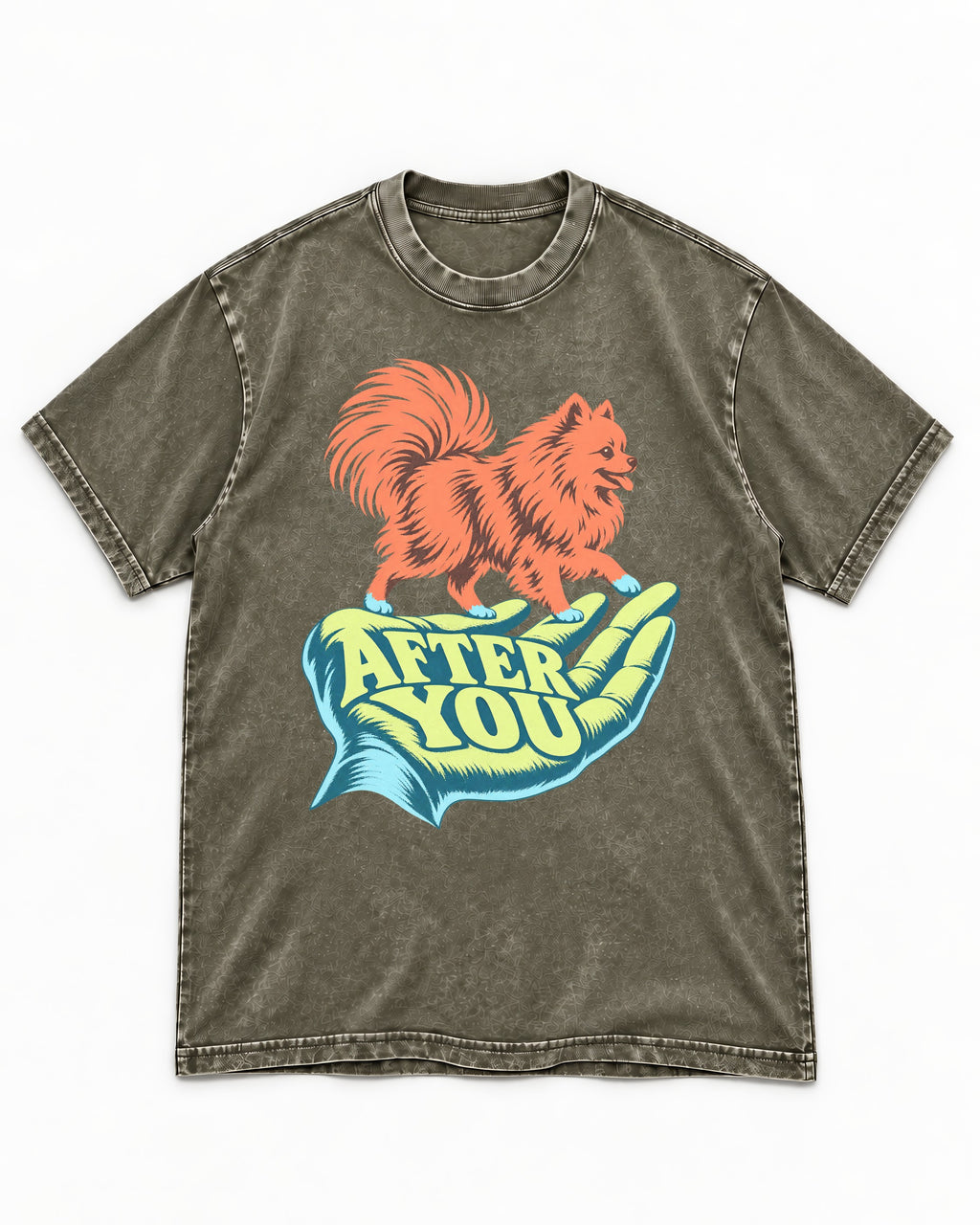 Pomeranian After You Helping Hand Graphic Washed Tee in Army Green, flat lay product photo