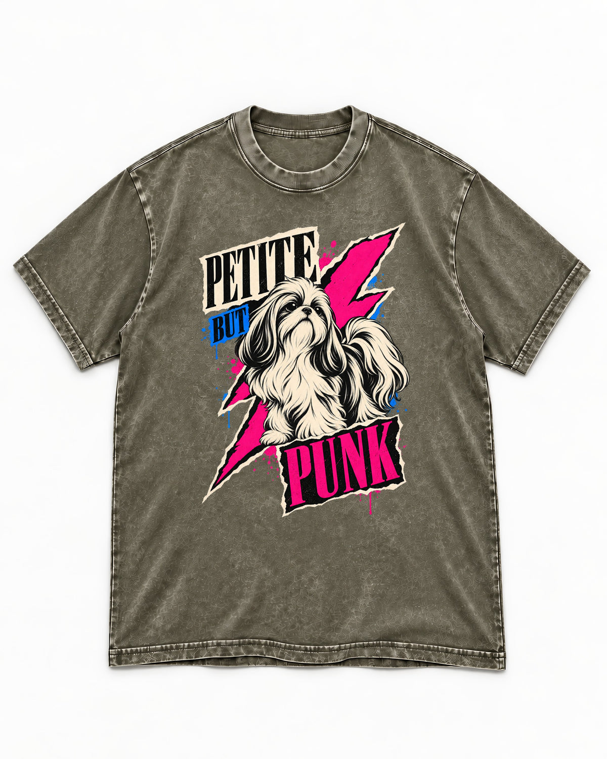 Shih Tzu Petite but Punk Lightning Graphic Washed Tee in Army Green, flat lay product photo
