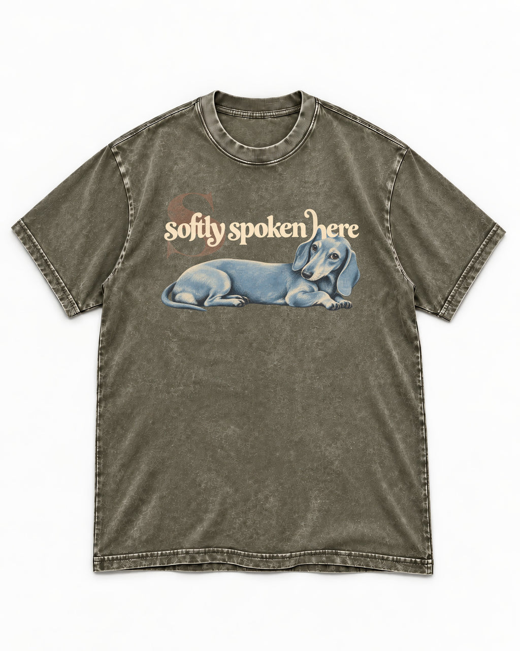 Dachshund Softly Spoken Here Reclining Portrait Graphic Washed Tee in Army Green, flat lay product photo
