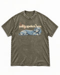 Dachshund Softly Spoken Here Reclining Portrait Graphic Washed Tee in Army Green, flat lay product photo