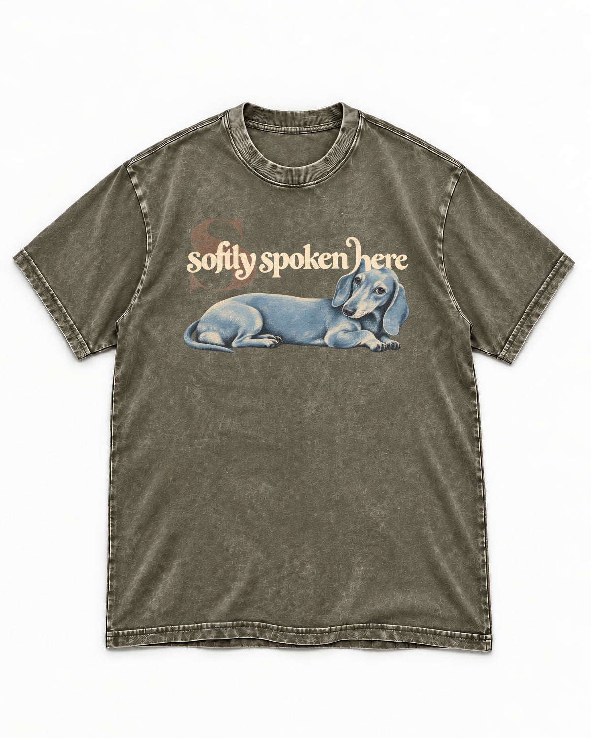 Dachshund Softly Spoken Here Reclining Portrait Graphic Washed Tee in Army Green, flat lay product photo
