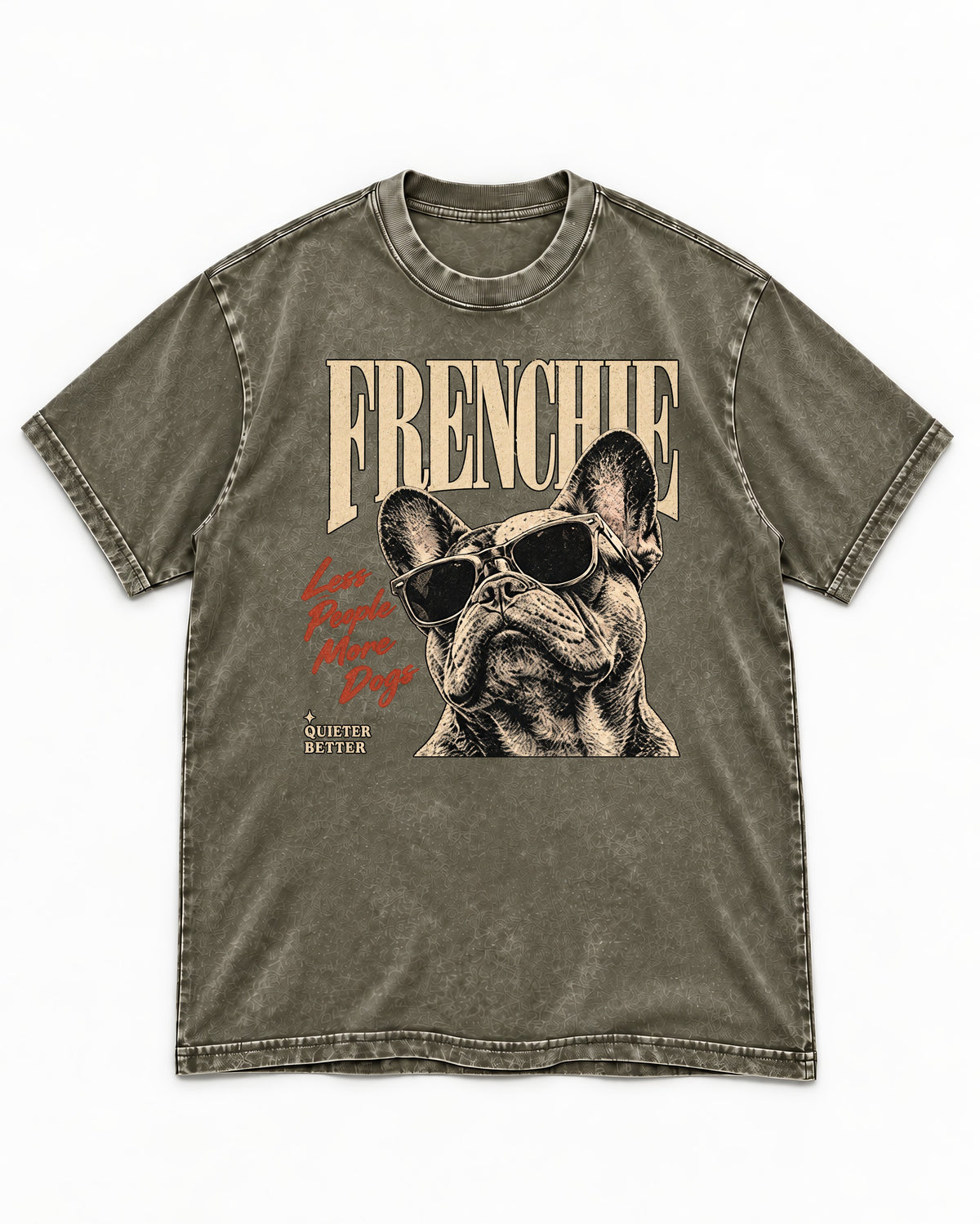 Frenchie Less People More Dogs Sunglasses Graphic Washed Tee in Army Green, flat lay product photo