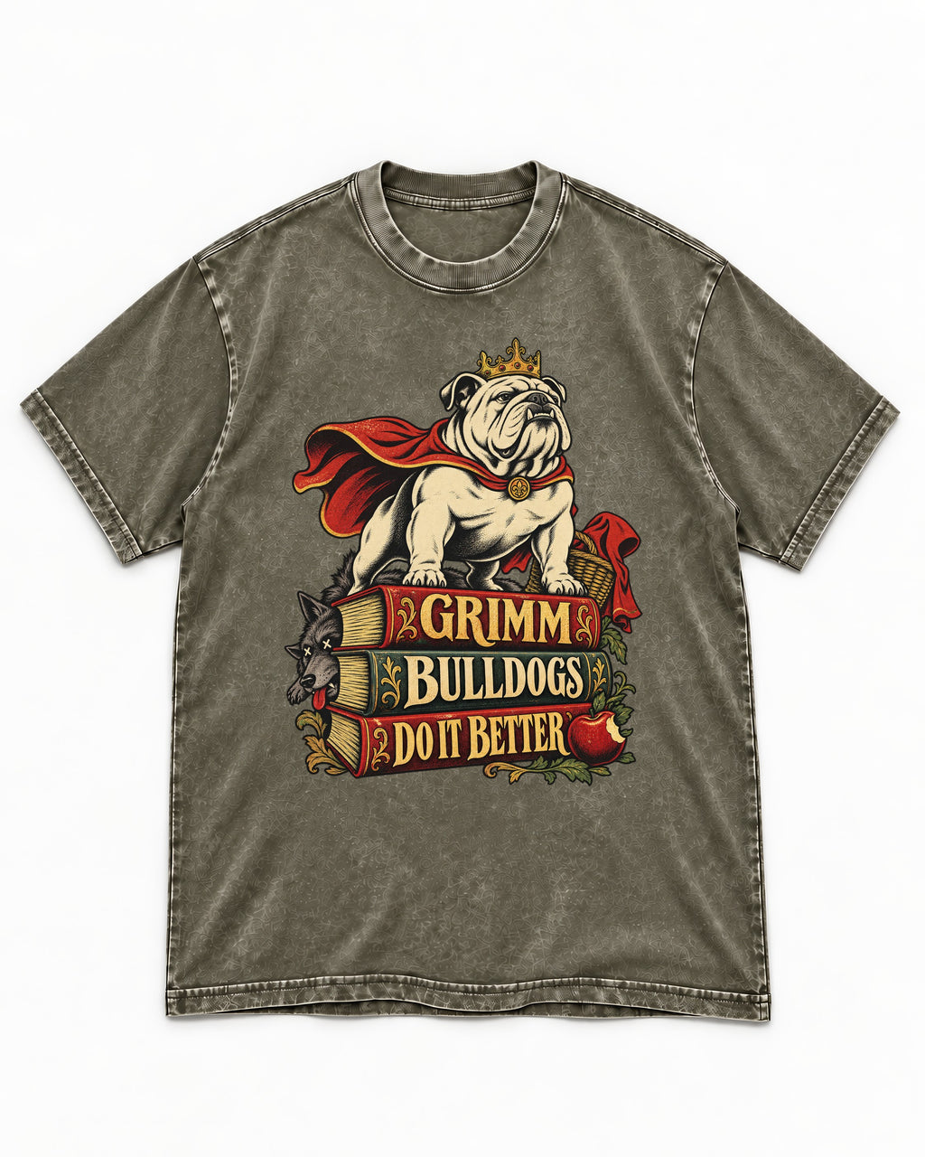 English Bulldog Grimm Bulldogs Do It Better Storybook Graphic Washed Tee in Army Green, flat lay product photo