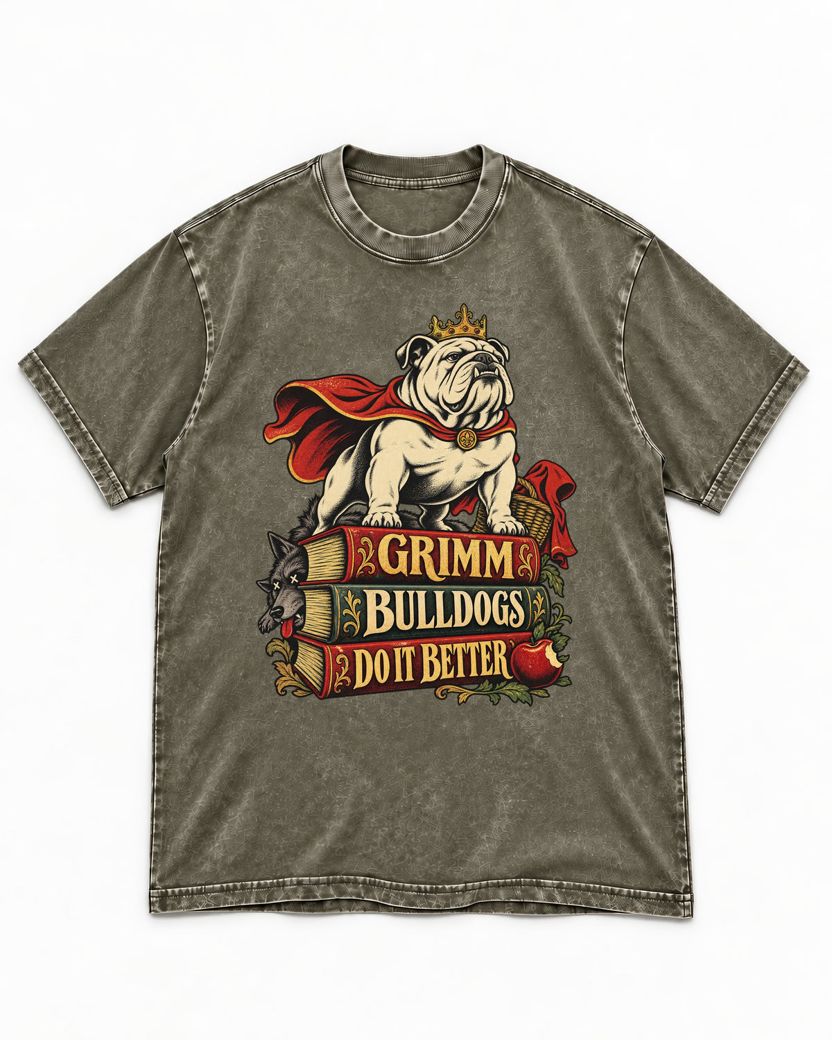 English Bulldog Grimm Bulldogs Do It Better Storybook Graphic Washed Tee in Army Green, flat lay product photo