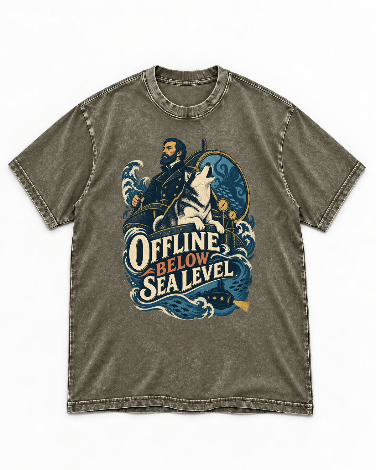 Husky Offline Below Sea Level Nautical Submarine Graphic Washed Tee in Army Green, flat lay product photo