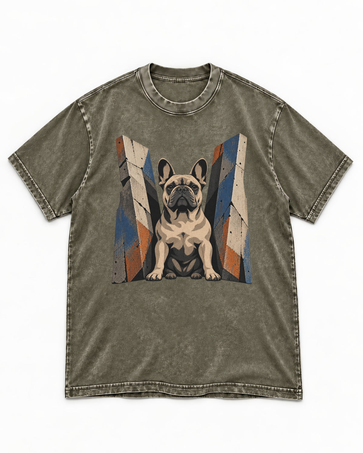 Frenchie Concrete Diplomat Barrier Portrait Washed Tee in Army Green, flat lay product photo