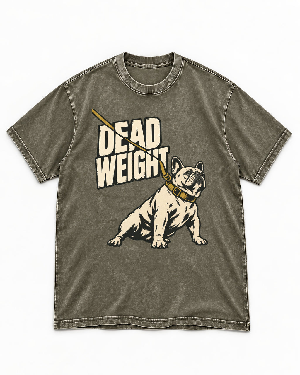 Frenchie Dead Weight Leash Graphic Washed Tee in Army Green, flat lay product photo