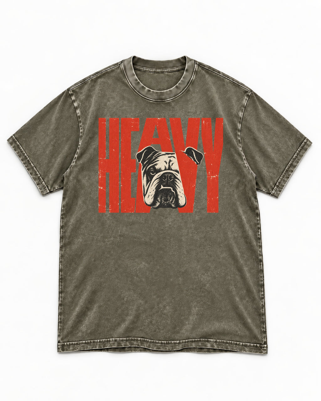 English Bulldog Heavy Stacked Portrait Graphic Washed Tee in Army Green, flat lay product photo