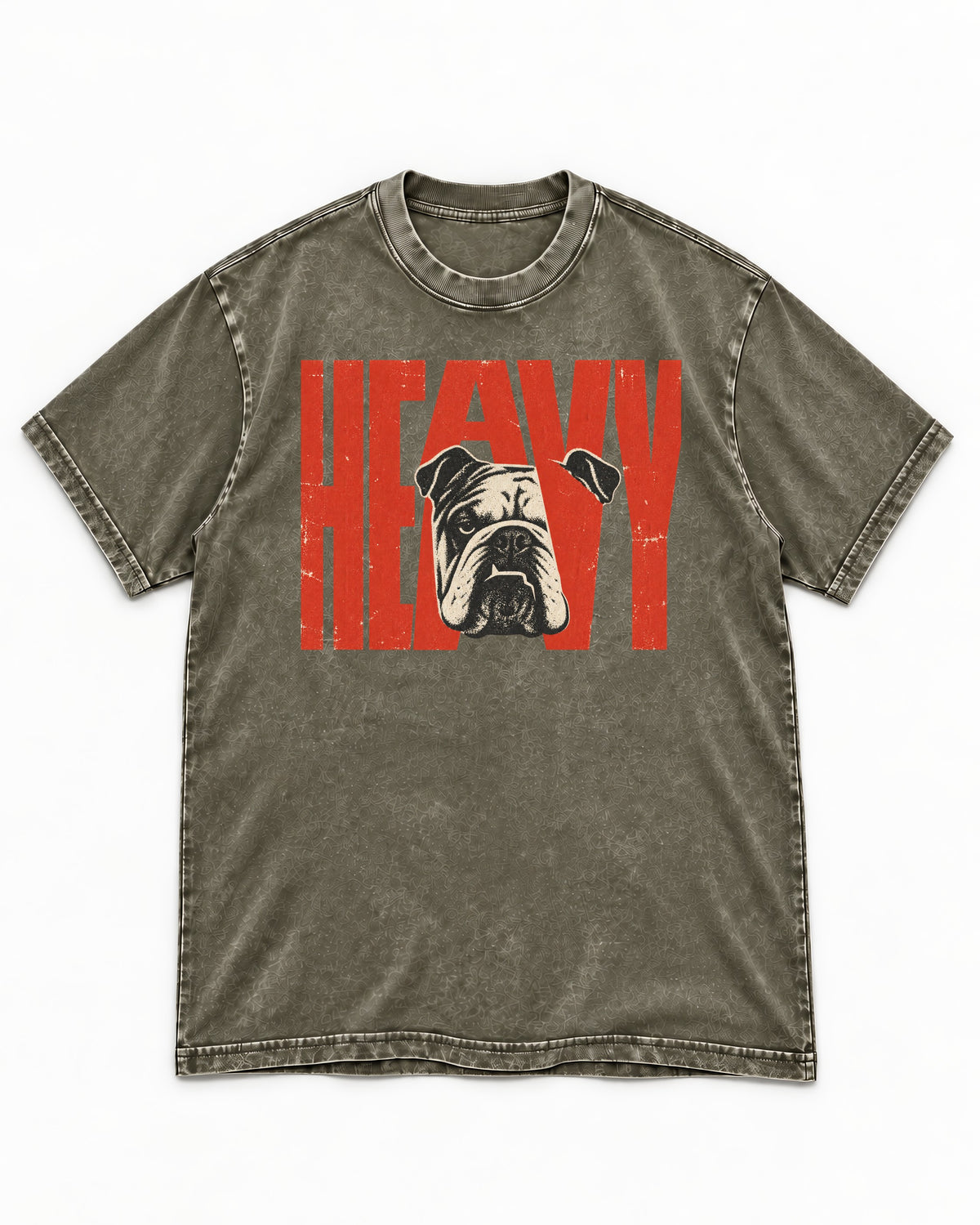 English Bulldog Heavy Stacked Portrait Graphic Washed Tee in Army Green, flat lay product photo