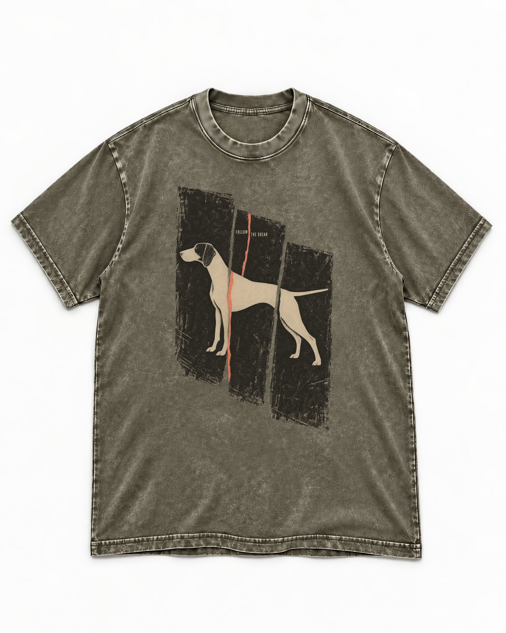 German Shorthaired Pointer Follow The Shear Split Panel Graphic Washed Tee in Army Green, flat lay product photo