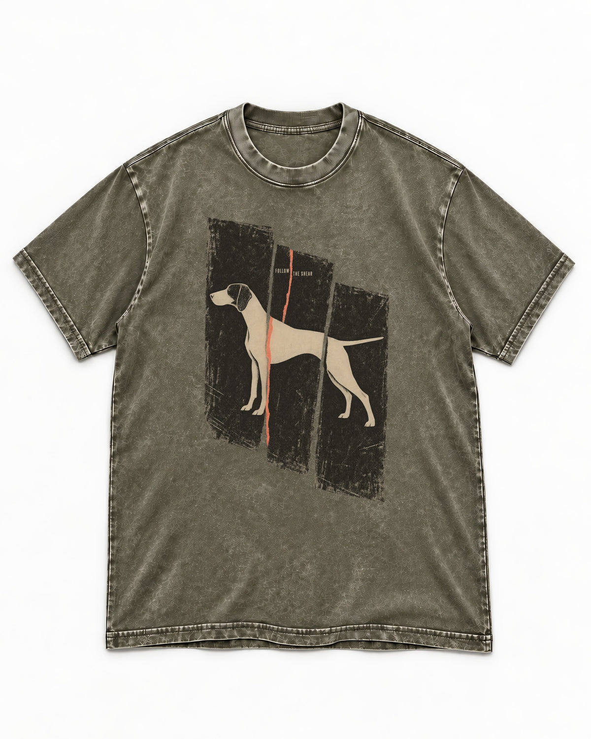 German Shorthaired Pointer Follow The Shear Split Panel Graphic Washed Tee in Army Green, flat lay product photo