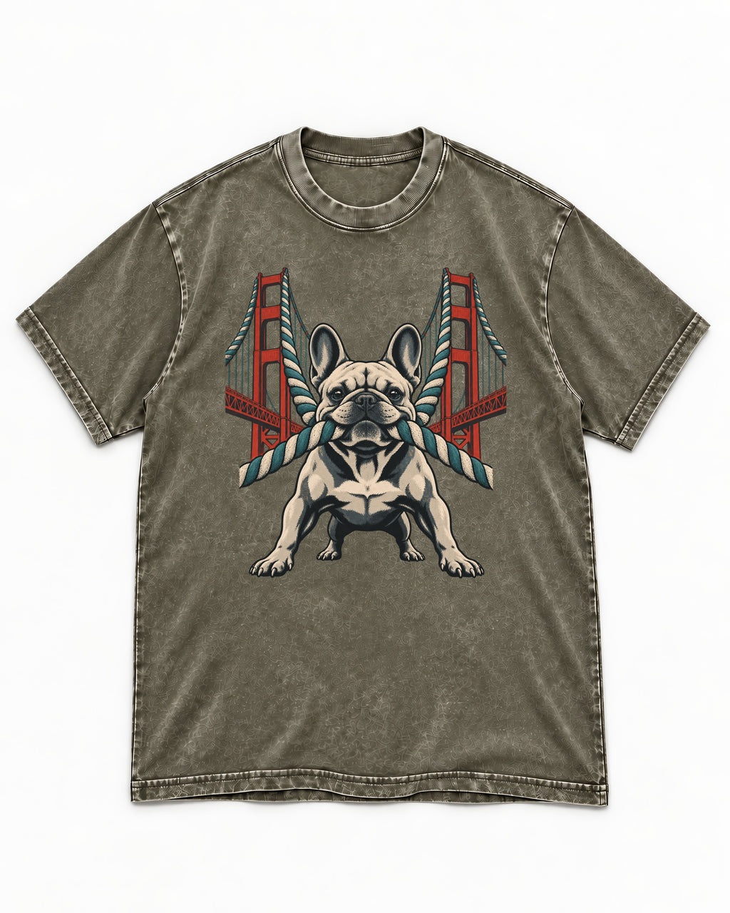 Frenchie Tug Anchor Bridge Graphic Washed Tee in Army Green, flat lay product photo