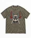 Frenchie Tug Anchor Bridge Graphic Washed Tee in Army Green, flat lay product photo