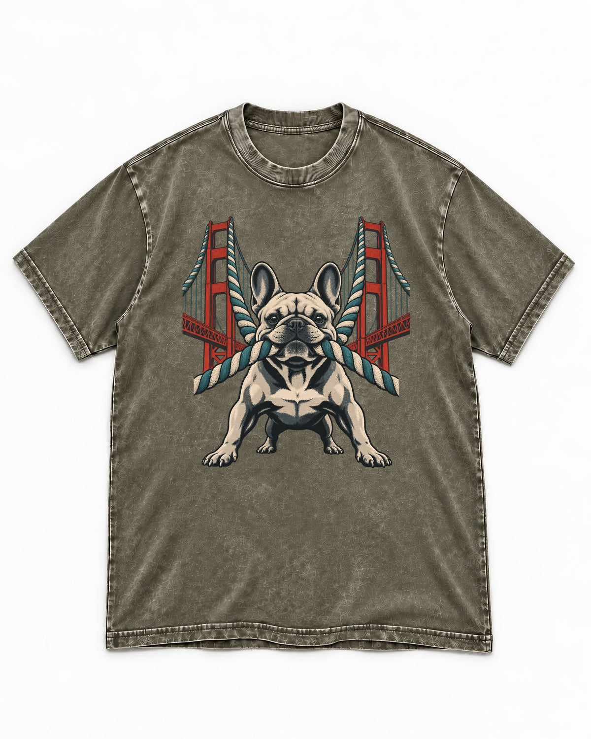 Frenchie Tug Anchor Bridge Graphic Washed Tee in Army Green, flat lay product photo