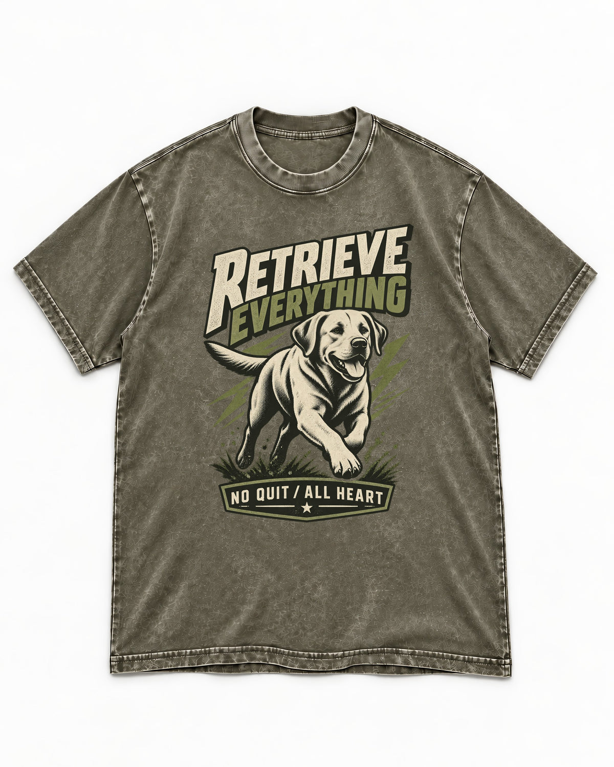 Labrador Retriever Retrieve Everything No Quit All Heart Running Graphic Washed Tee in Army Green, flat lay product photo