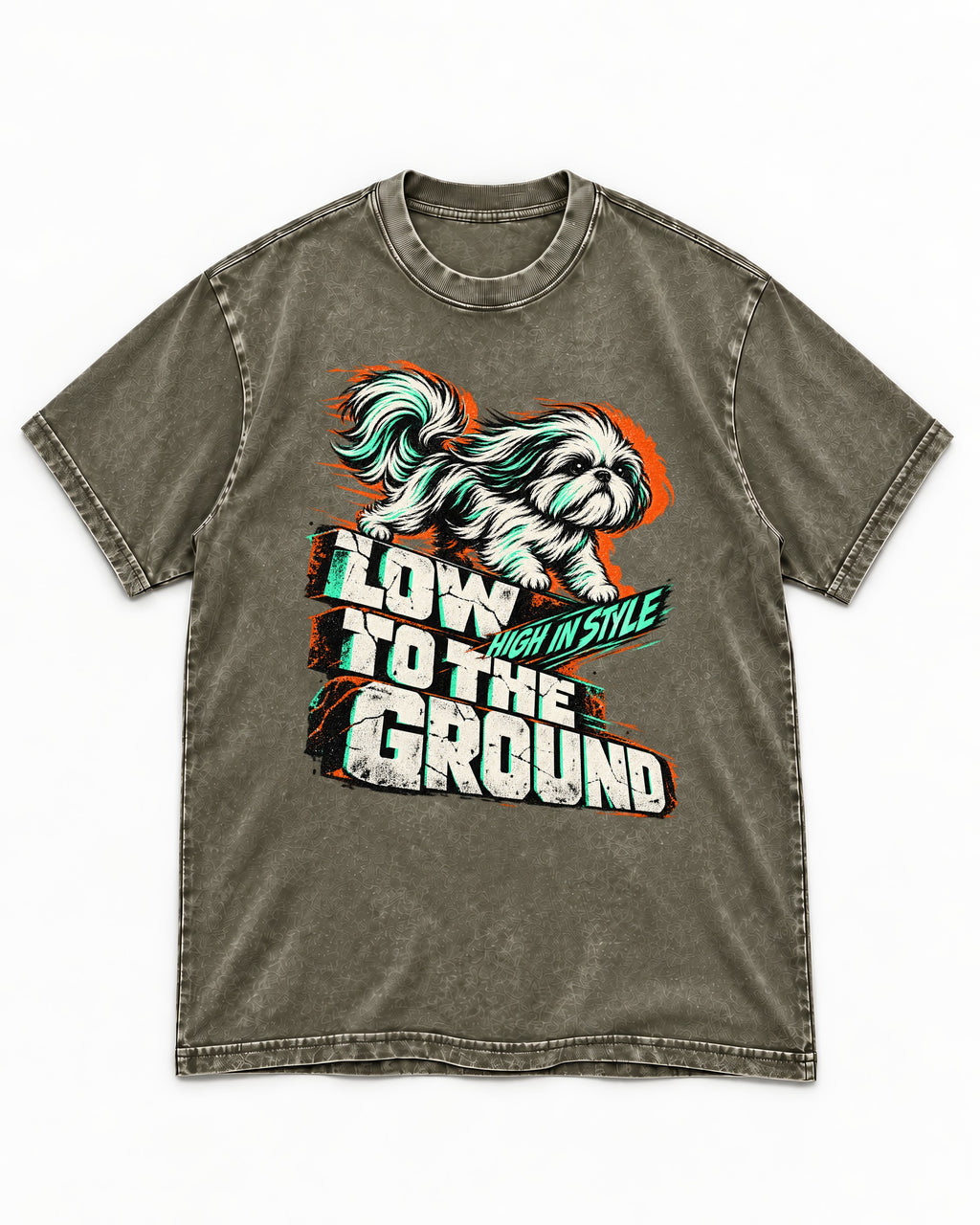 Shih Tzu Low to the Ground High in Style Streetwear Graphic Washed Tee in Army Green, flat lay product photo