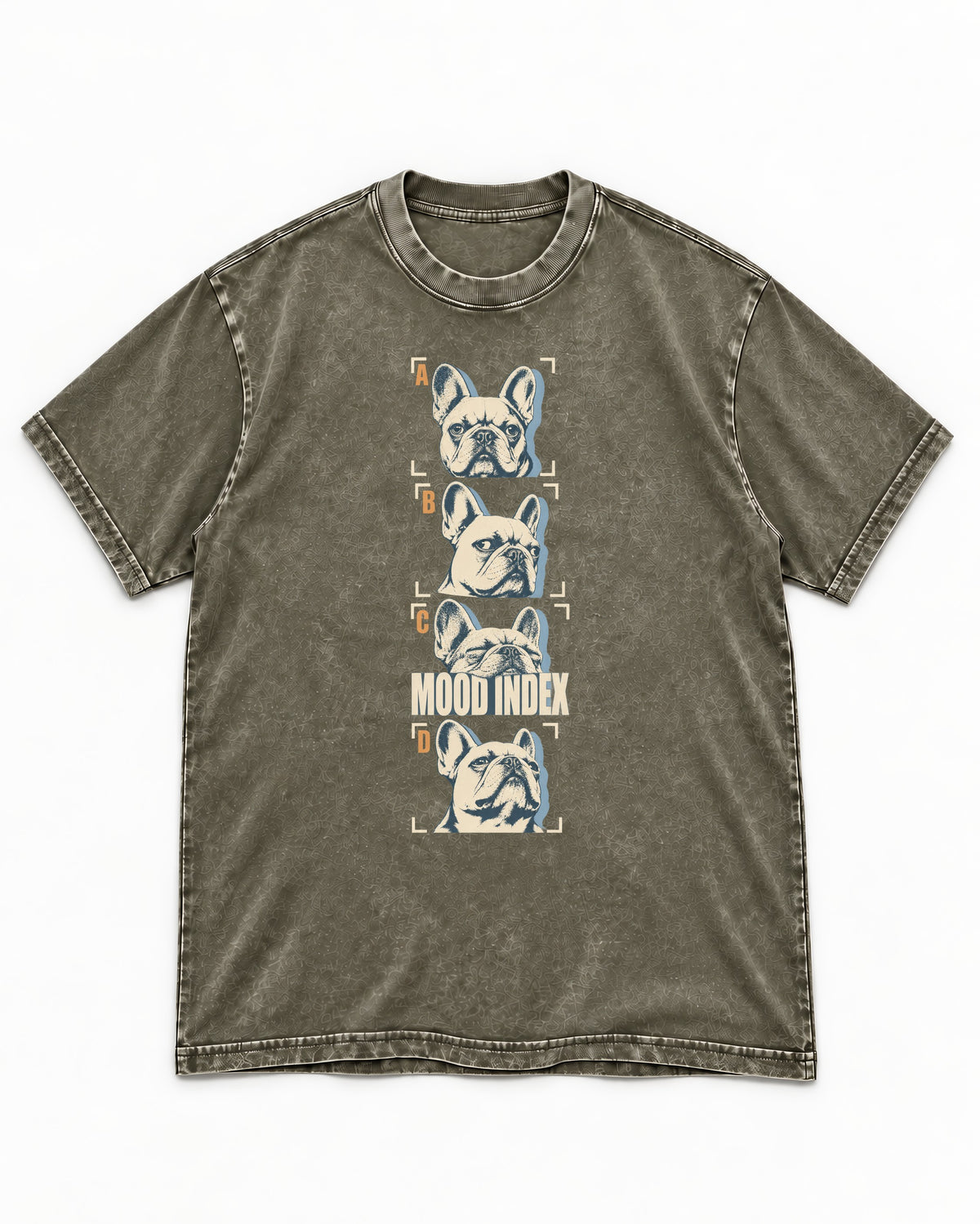 Frenchie Mood Index Four-Panel Strip Graphic Washed Tee in Army Green, flat lay product photo